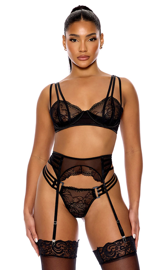 774533 Thirst Strap Strappy Lace Demi Cup Bra and Garter Belt Lingerie Set