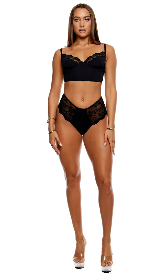 774705 Self Care Ribbed Lace Longline Bra Lingerie Set - Black