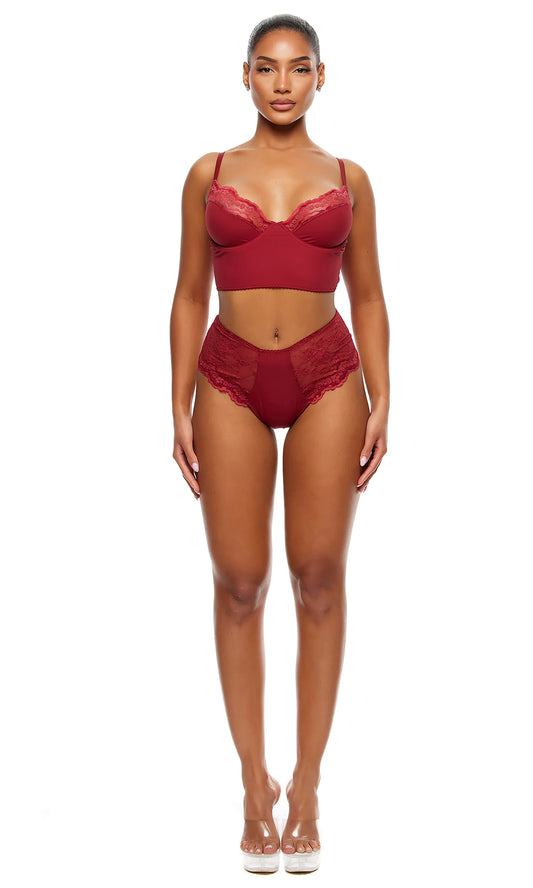 774705 Self Care Ribbed Lace Longline Bra Lingerie Set - Wine