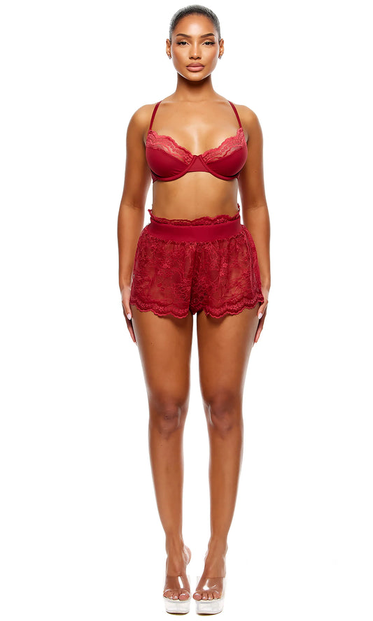 774709 Self Care Ribbed Lace Bra and Shorts Lingerie Set - Wine