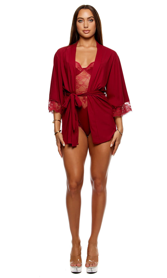 774710 Self Care Ribbed Lace Robe - Wine