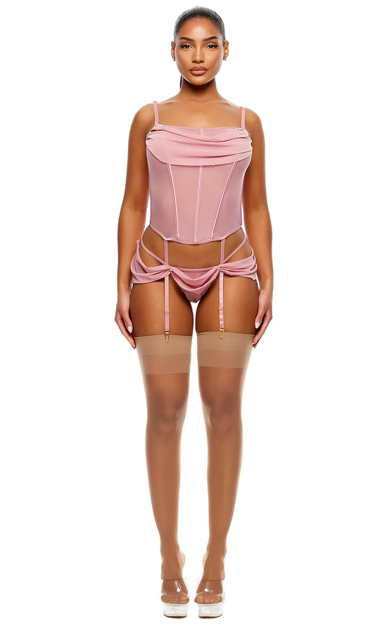 774717 Princess Treatment Draped Mesh Bustier Lingerie Set - Mauve