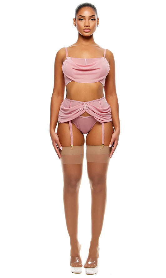 774718 Princess Treatment Draped Mesh Bra and Garter Belt Lingerie Set - Mauve
