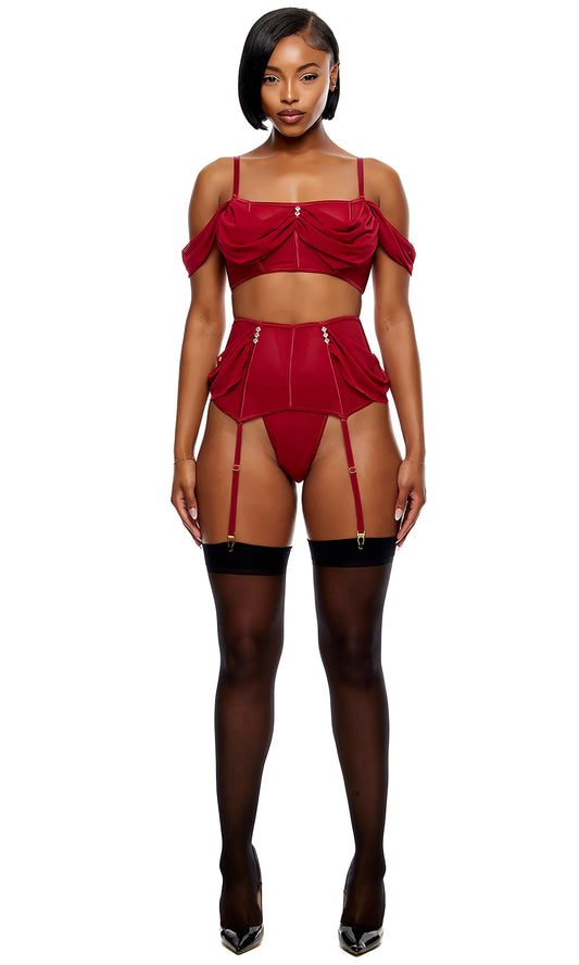 774721 Princess Treatment Draped Mesh Bra and Garter Skirt Lingerie Set - Wine