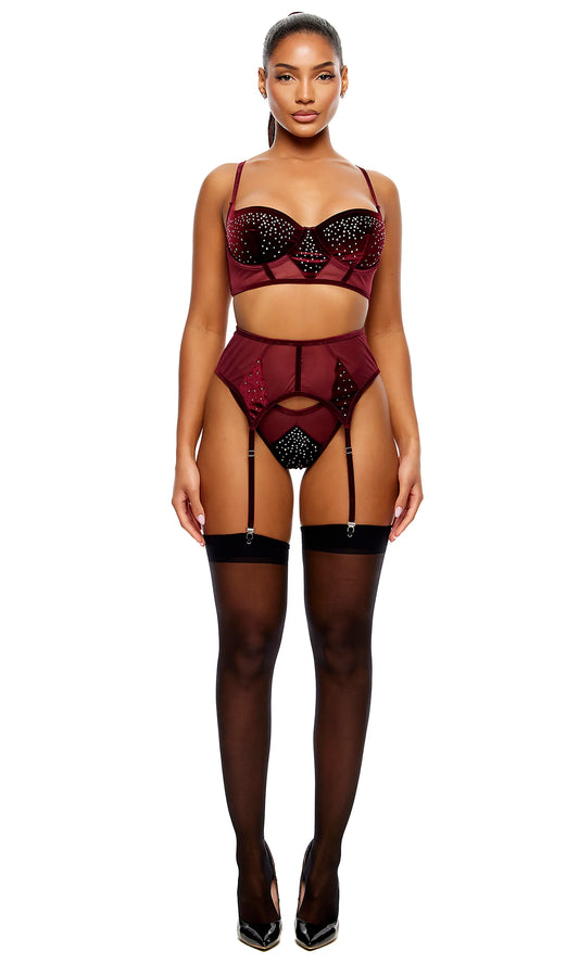 774728 Caught Your Eye Velvet Rhinestone Longline Bra Lingerie Set Wine
