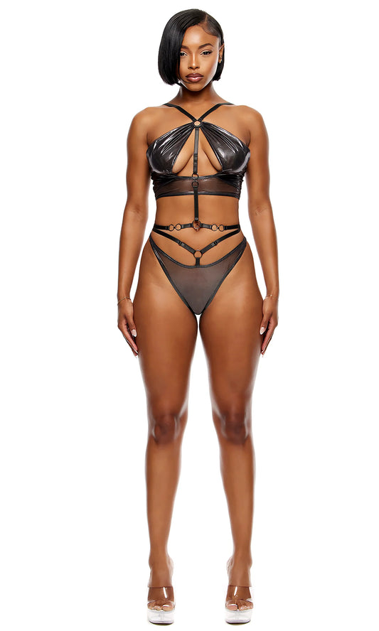 774732 Liquid Metal Metallic Mesh Halterneck Bra Lingerie Set - Gunmetal