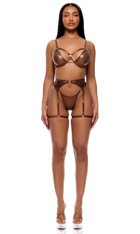 774733 Liquid Metal Metallic Mesh Bra and Garter Belt Lingerie Set - Cooper