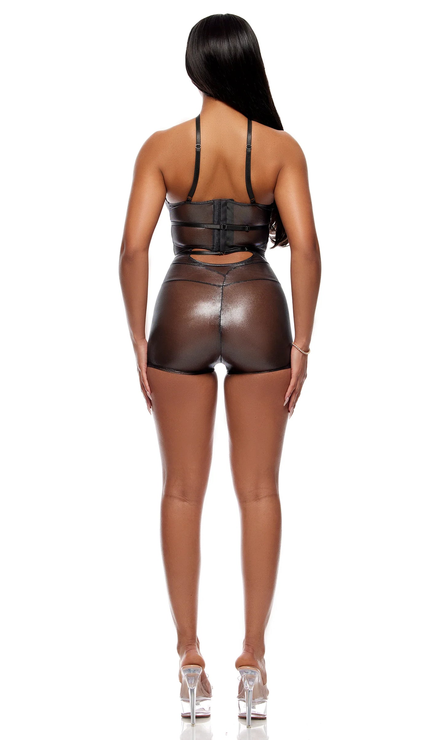 774734 Liquid Metal Metallic Mesh Romper - Gunmetal