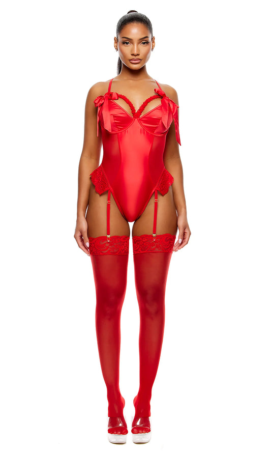 774744 No Strings Attached Satin and Mesh Lace Trim Teddy Lingerie Set - Red