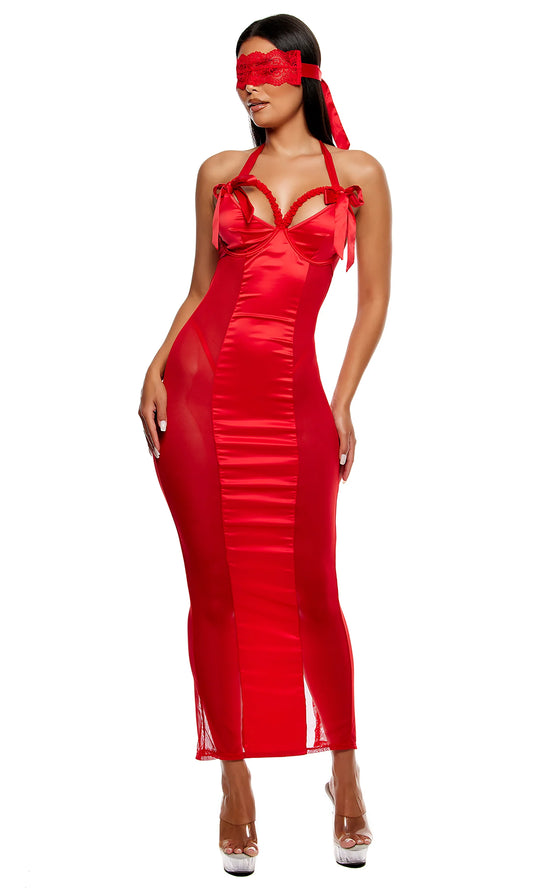 774745 No Strings Attached Satin and Mesh Lace Trim Nightgown Lingerie Set - Red