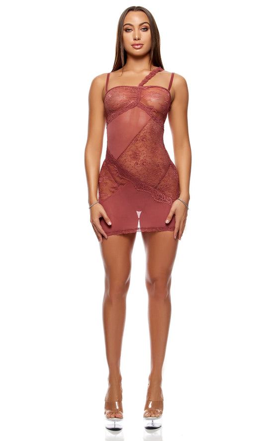 775109 Patch of Petals Lace Chemise Lingerie Set - Spice
