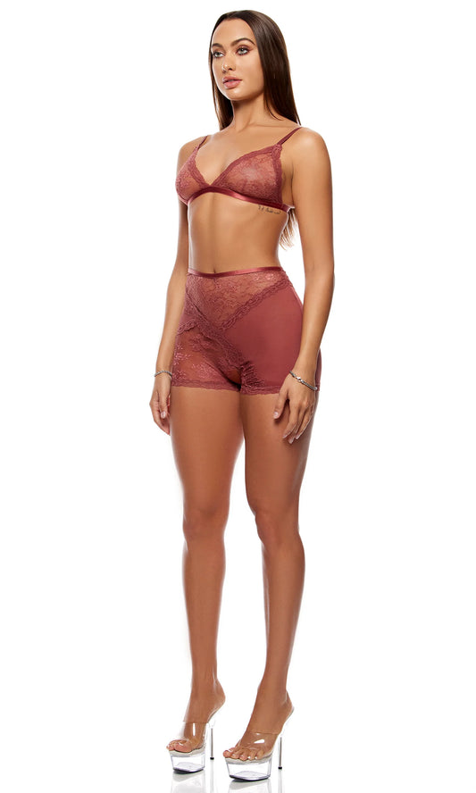 775111 Patch of Petals Lace Bralette and Shorts Lingerie Set - Spice