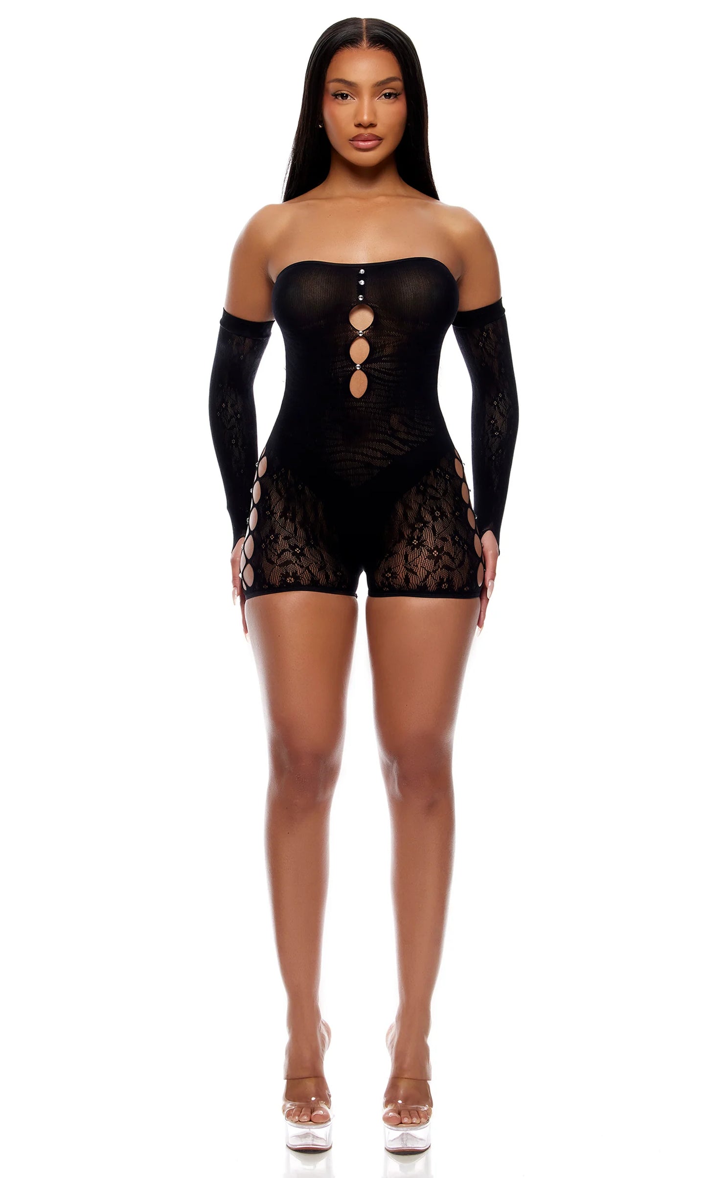 775184 Cross your Mind Romper Bodystocking Lingerie Set - black