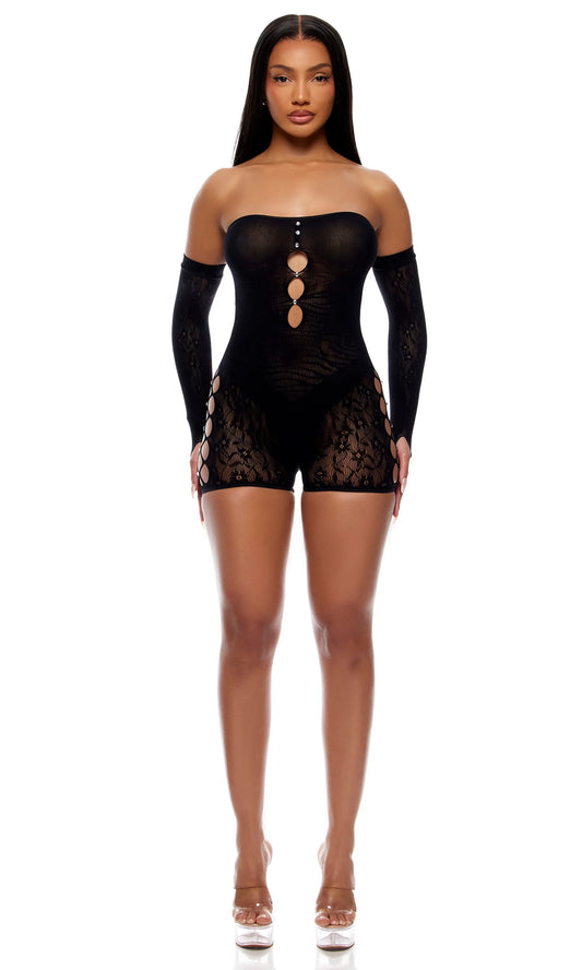 775184 Cross your Mind Romper Bodystocking Lingerie Set - black