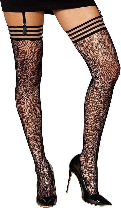 0433 Dreamgirl Leopard Print Thigh High Stockings - Black