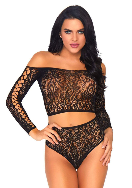 86793 2PC Lace Long Sleeved Crop Top and High Waist Thong Bottoms