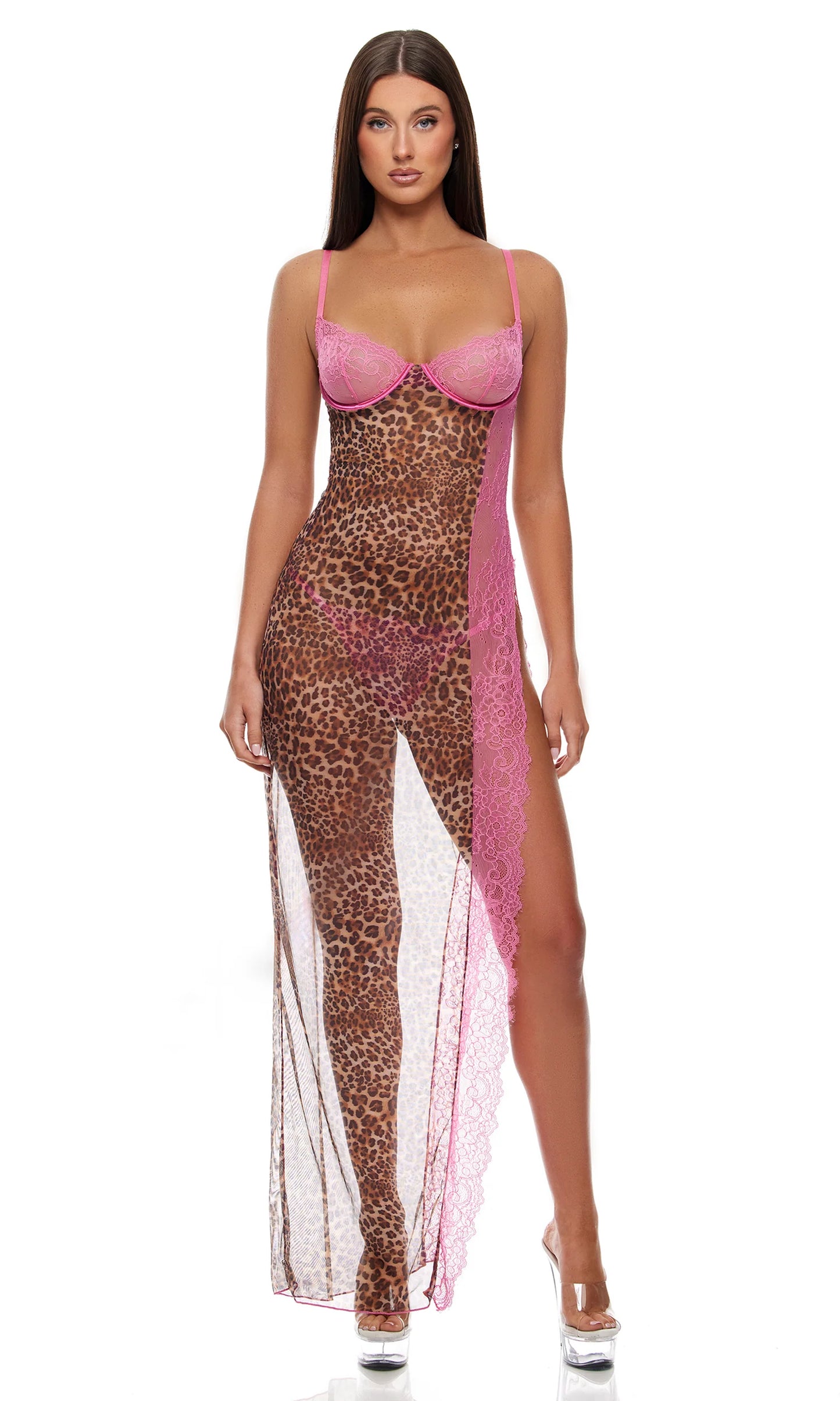 775123 Animal Instincts Sheer Mesh Nightgown Lingerie Set Pink Leopard