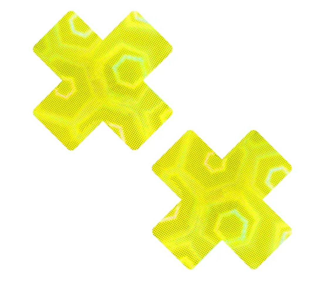 Yellow Nuclear Nightmare Trippy UV 3D Holographic X Nipple Cover Pasties