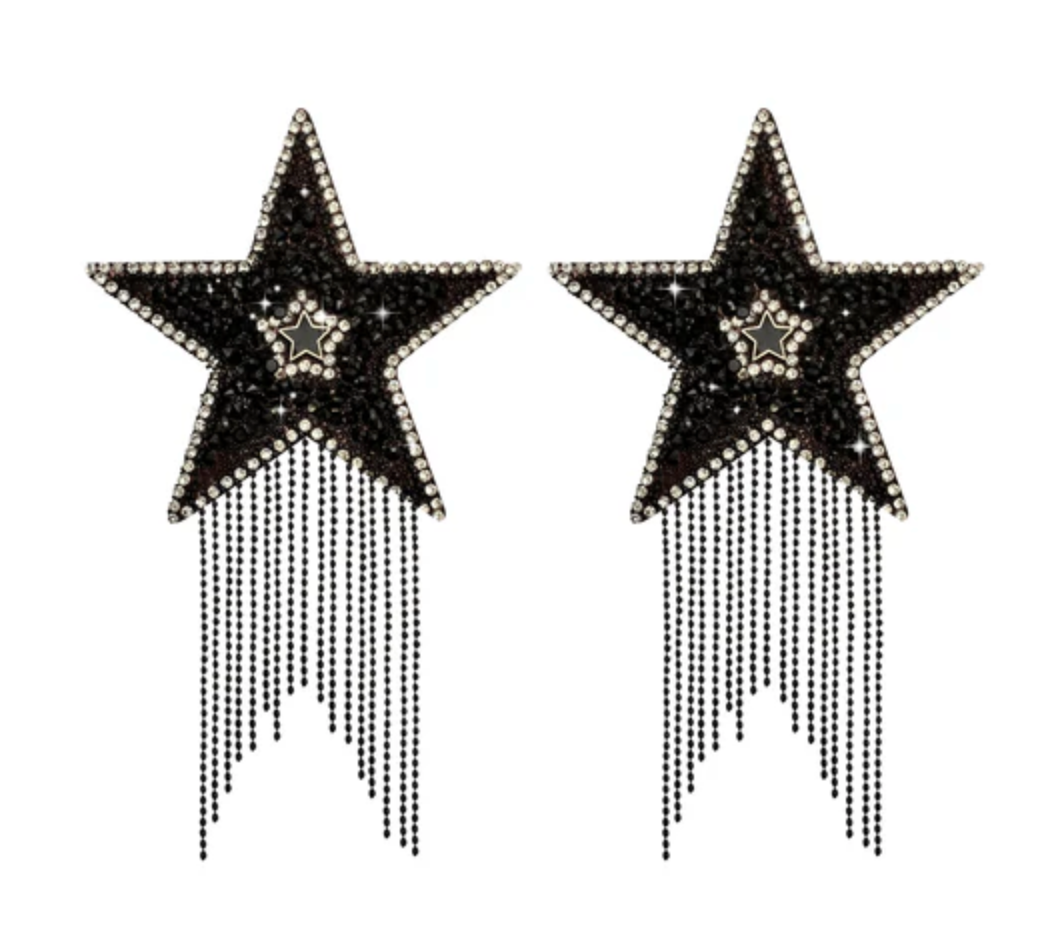 033 A Star Is Born Black Jewel Crysal Tassel Star Reusable Silicone Nipple Cover Pasties