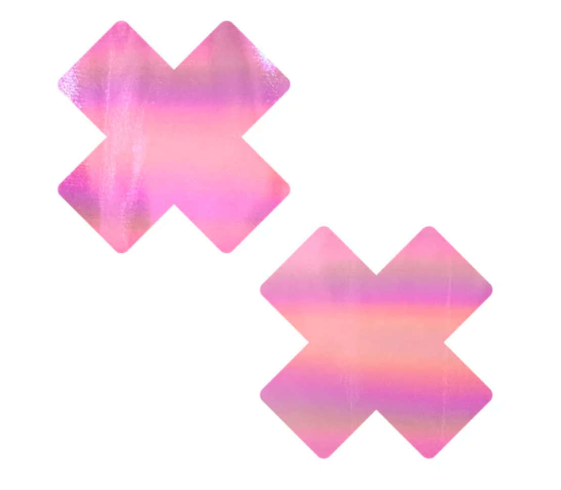 Love Heart Bare Pink Shimmer Holographic X Nipple Pasties