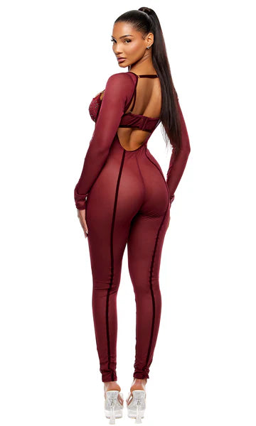 774729 Caught Your Eye Velvet Rhinestone Jumpsuit Lingerie Set - Wine