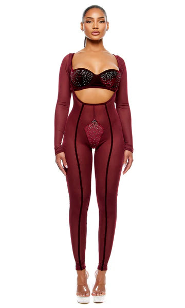 774729 Caught Your Eye Velvet Rhinestone Jumpsuit Lingerie Set - Wine