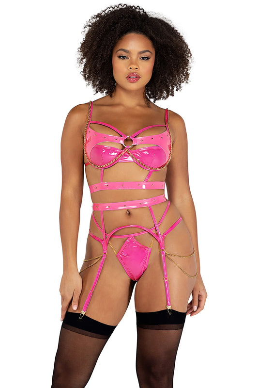 Li506 Vinyl & Chain Bra Set Pink