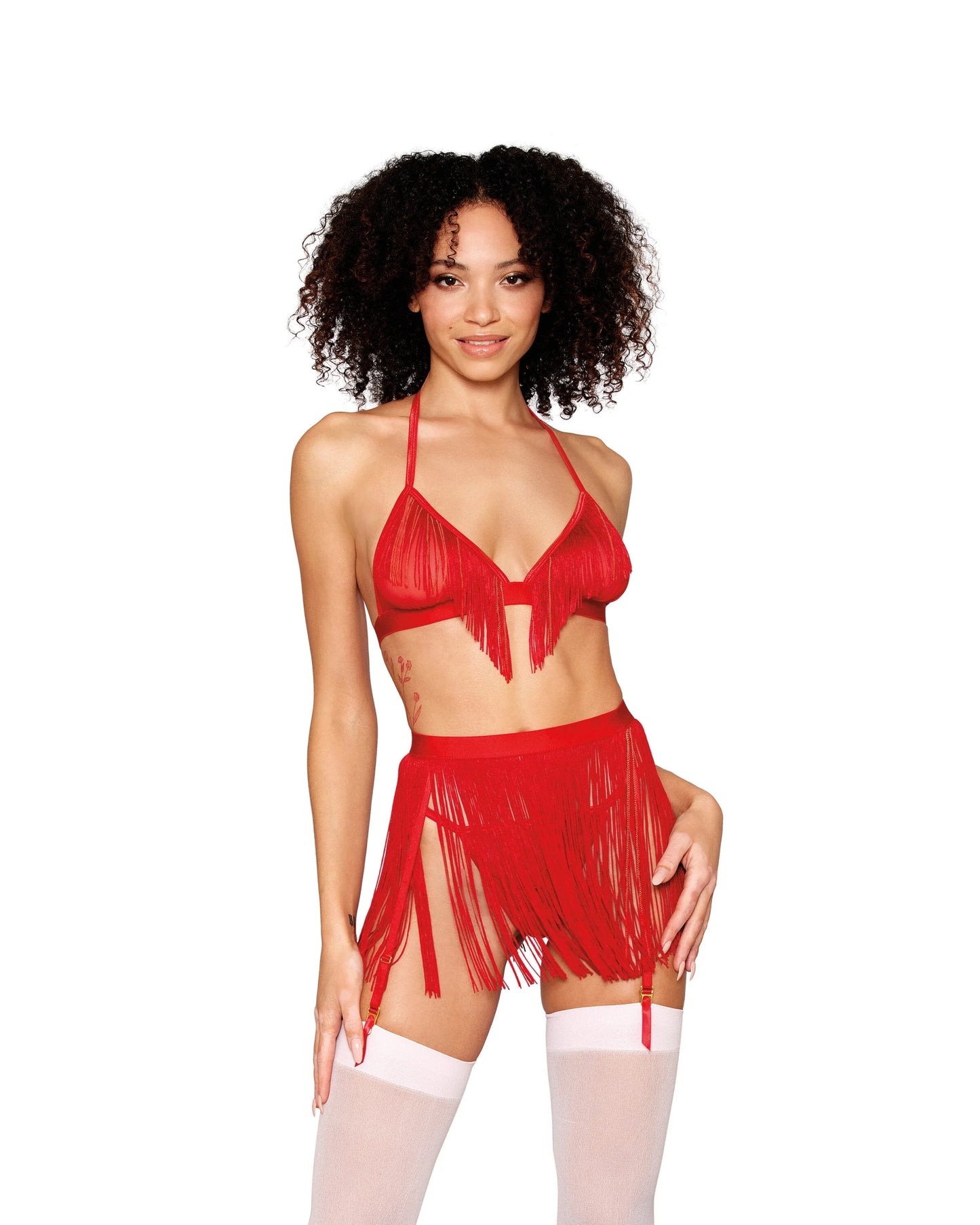 13042 Chainette Fringe Bralette, Garter Belt, and G-String Set