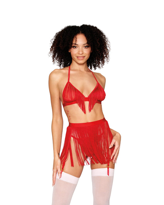 13042 Chainette Fringe Bralette, Garter Belt, and G-String Set