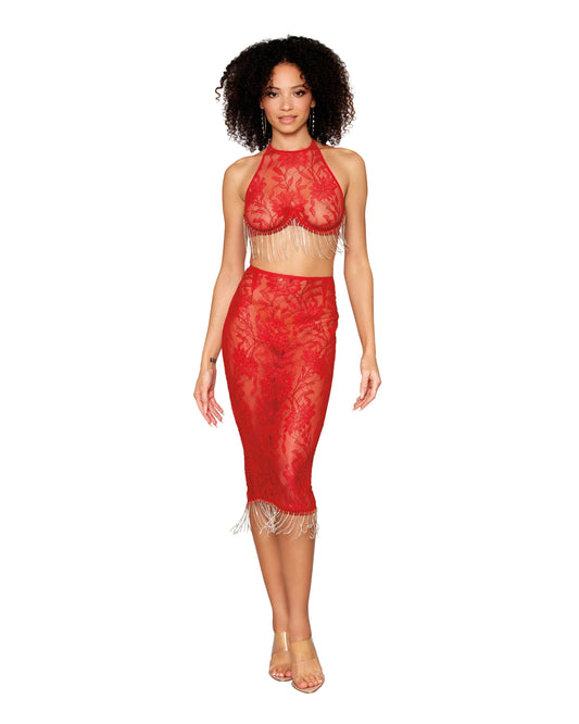 13038 Delicate Corded Lace Bra and Slip Skirt Set with Rhinestone and Ball Chain Fringe Trim