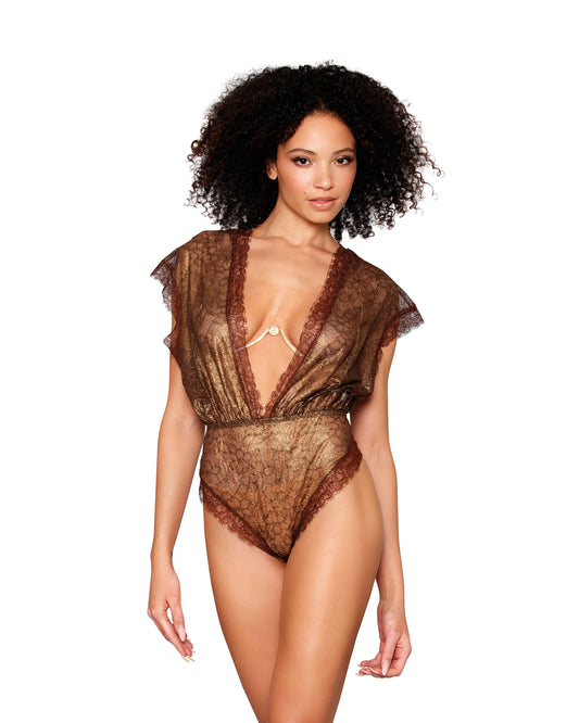 13037 Delicate, Gold-Foil Lace Blouson Teddy & Rhinestone Metal Underwire Bra Set
