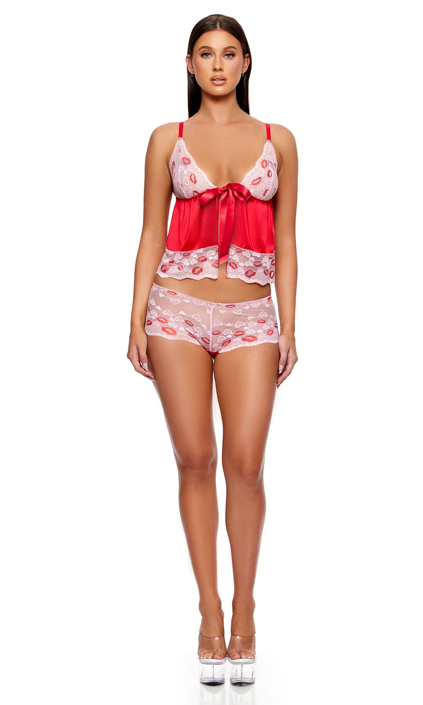 775562 Lips Like Butter Lace Contrast Satin Cami and Boyshorts Set