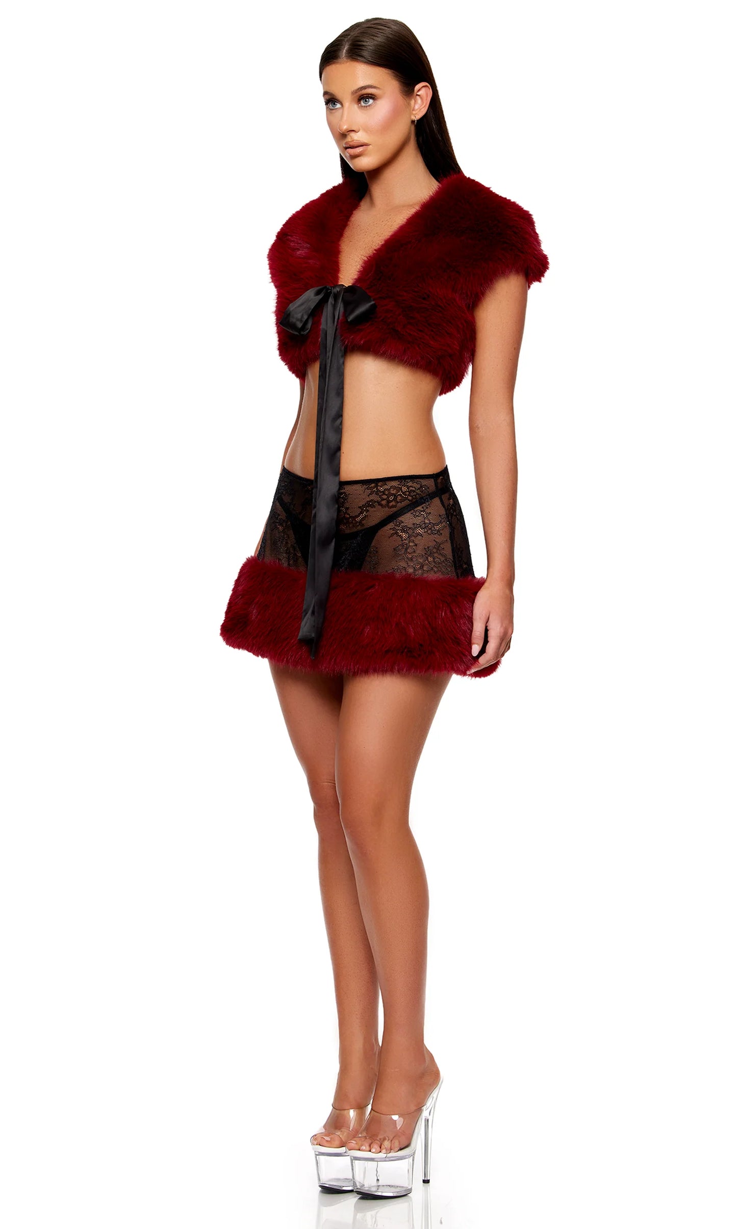 775438 Fur the Night 3-Piece Lace and Faux Fur Shrug and Mini Skirt Set - Wine