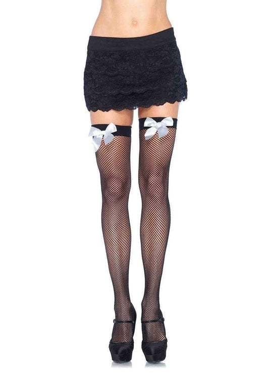 9018 Josi Fishnet Thigh Highs Black with white bow