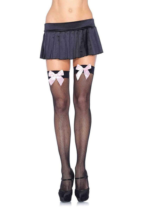 9018 Josi Fishnet Thigh Highs Black with Pink bow