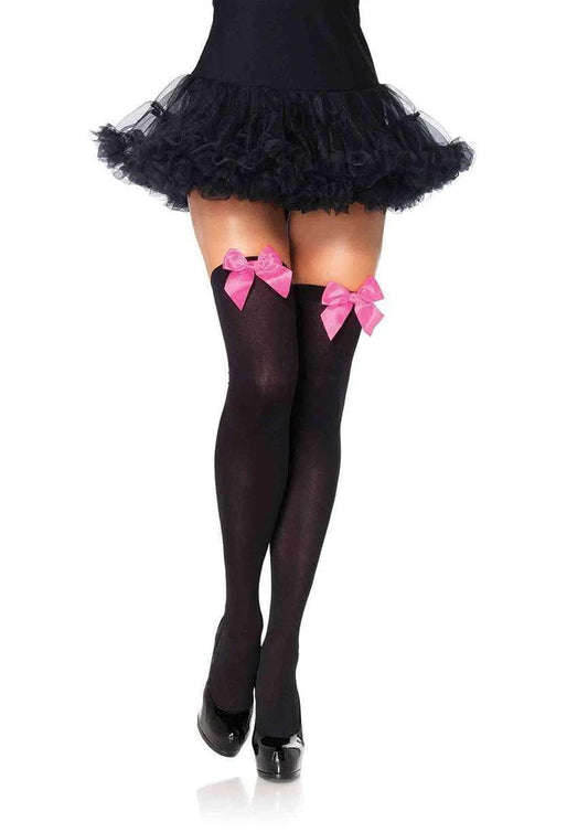 6255 Kay Opaque Thigh Highs Black with neon pink bow