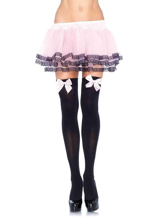 6255 Kay Opaque Thigh Highs Black with pastel pink bow