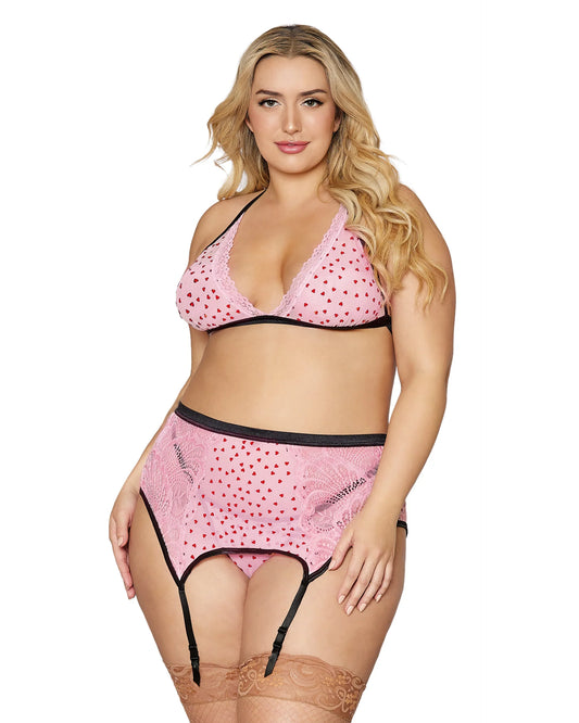 12678X Plus Size Flocked Heart Mesh and Lace 3 Piece Garter Set