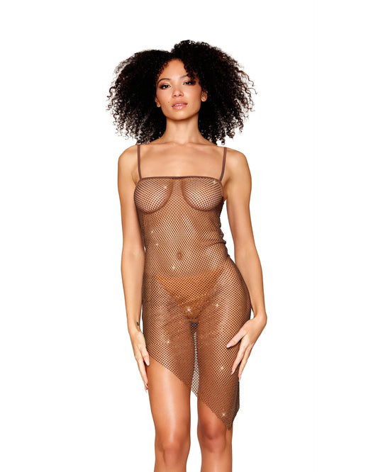 13034 Rhinestone Embellished Fishnet Chemise with an Asymmetrical Hemline