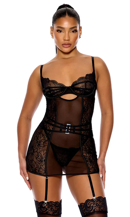 774538 Thirst Strap Strappy Lace Chemise Lingerie Set - Black