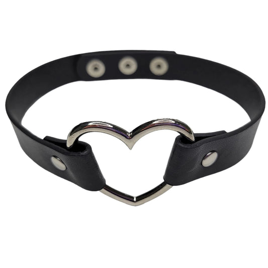 997702 Clubwear Faux Leather Choker With Metal Heart Ring