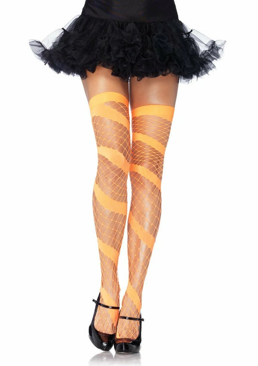 6325 Thigh high neon swirl diamond net rave festival orange