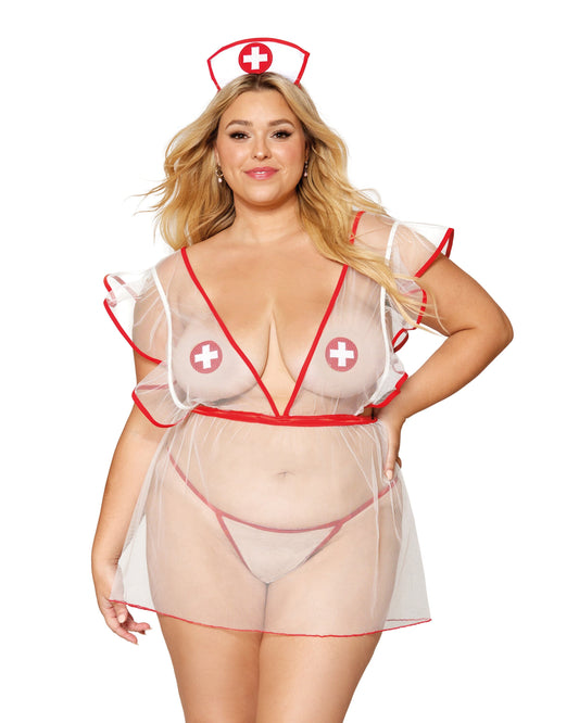12916x Dreamgirl Sheer mesh nurse-themed apron with matching G-string, tie-on nurses’ cap, and pasties